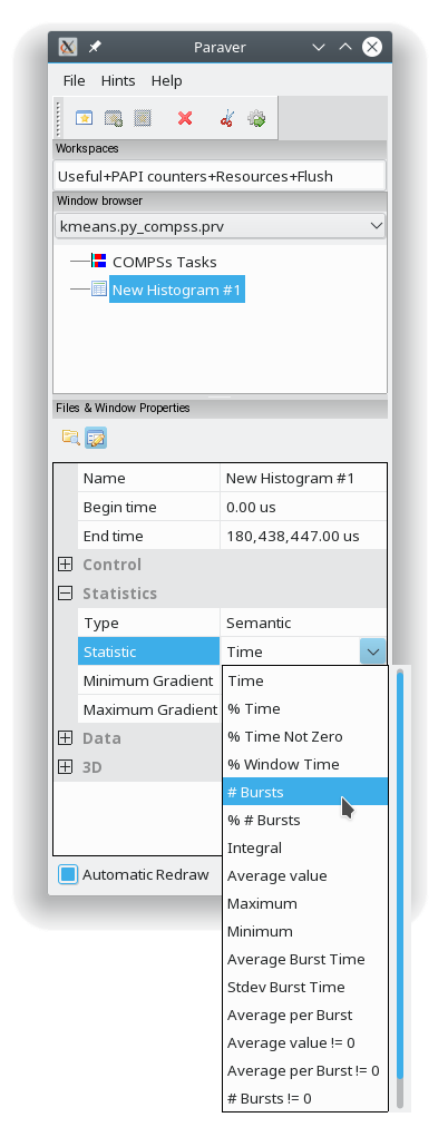 Paraver histogram options menu